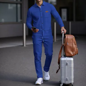 Men casual waffle knit outfit set solid button cardigan jacket and long pants detail view