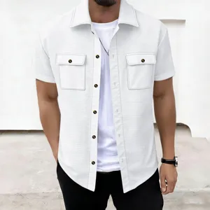 Men's casual waffle short sleeve button up shirt jacket with dual chest pockets and lapel.