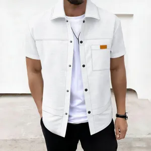Camicia manica corta waffle uomo giacca casual bottoni tinta unita revers top dettaglio