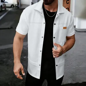 Camicia uomo maglia waffle manica corta bottoni risvolto tasca giacca casual top