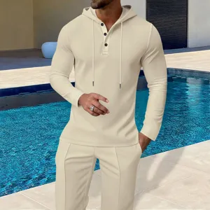 Men's waffle knit long sleeve hoodie top and pants casual two piece set in beige color detail.