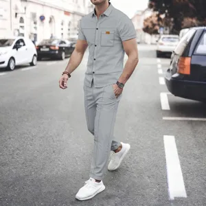 Men's casual waffle short sleeve shirt and pants set, solid color stylish streetwear outfit.