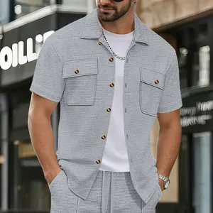 Men's casual waffle knit short sleeve button up shirt and shorts set summer street fashion top