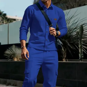 Detailed view of the royal blue waffle knit long-sleeve shirt featuring chest pocket.