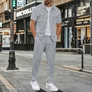 Men's casual waffle knit short sleeve shirt and long pants set stylish detail view.
