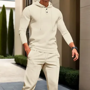 Men's waffle knit hoodie and pants two-piece set, casual solid color long sleeve track suit.
