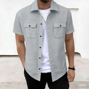 Men casual waffle short-sleeve shirt detail, lapel collar, front buttons and chest pockets.