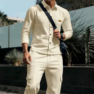 Detail view of the waffle casual set featuring a long sleeve button cargo shirt and pants.