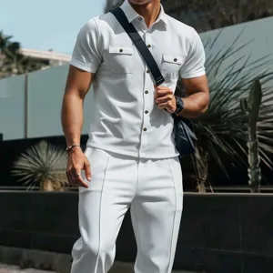 Men's casual solid waffle fabric lapel utility pocket short sleeve top and pants set.