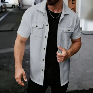 Men waffle short sleeve shirt jacket casual button up lapel top summer streetwear detail