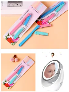 Portable folding eyebrow razor set with replacement blades and lighted desktop makeup mirror.