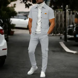 Men casual waffle short sleeve utility shirt and cargo pants set street style detail view.