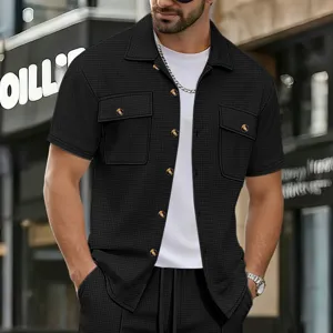 Men waffle knit short sleeve button down shirt casual solid color lapel top jacket