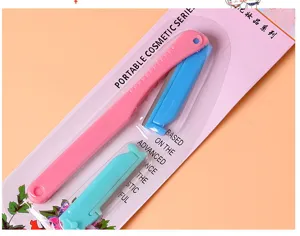 Portable foldable eyebrow razor set with replacement blades, safe pink and blue cosmetic beauty tool.