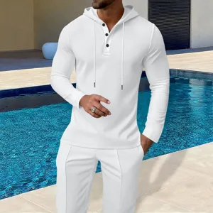 Men's casual waffle knit two-piece set featuring a button hoodie and matching long trousers.