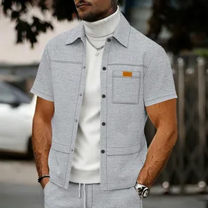 Camicia waffle manica corta uomo casual bottoni risvolto top estivo e shorts grigio