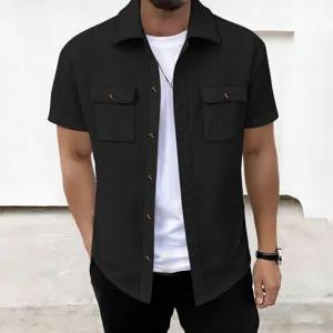 Men's casual waffle short sleeve button up shirt top detailed view showing texture and pockets.