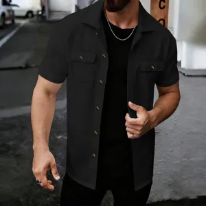 Men Waffle Short Sleeve Shirt Casual Solid Color Button Lapel Jacket Top Summer Style