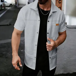 Camicia uomo in maglia waffle maniche corte giacca casual con risvolto tinta unita