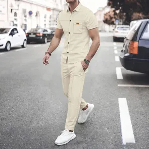 Men casual waffle knit short sleeve shirt and long pants set solid color lapel outfit wear