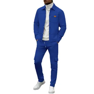 Men blue waffle knit jacket and matching cargo pants casual outfit set with turtleneck.