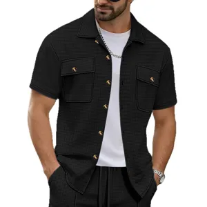 Mens casual waffle knit short sleeve button down shirt lapel jacket solid color top