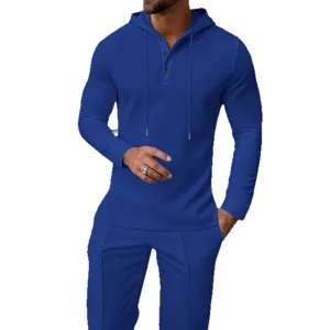 Men Waffle Knit Solid Color Button Hoodie Long Sleeve Top Pants Casual Two Piece Set
