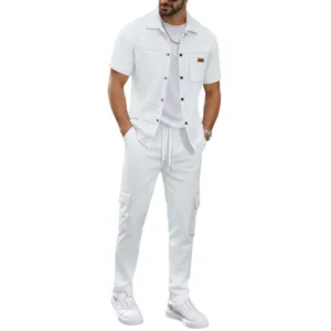 Men's casual waffle solid color lapel short sleeve jacket shirt and cargo trousers white