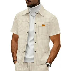 Camicia uomo a nido d'ape manica corta giacca casual con tasca sul petto e bottoni.