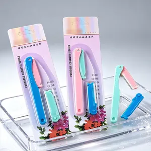 Portable folding eyebrow razor set with replacement blades, safe cosmetic trimmer for women.