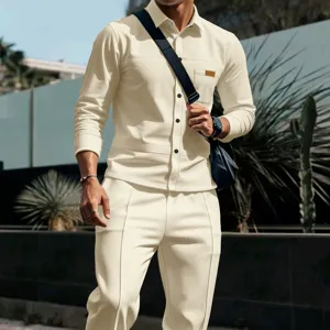 Men casual waffle knit cardigan set with matching trousers and cargo pocket in beige.
