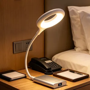 Close-up detail of the modern white ring desk lamp on a cozy bedside table in warm lighting.
