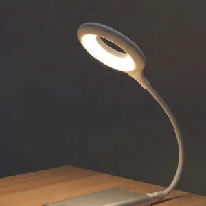 USB flexible ring desk lamp detail, portable gooseneck night light for bed and study use.