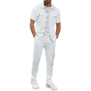 Hombre casual gofre sólido solapa bolsillo cargo camisa y pantalones conjunto principal