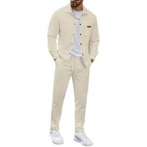 Men's casual waffle knit tracksuit set with button cardigan jacket and long pants solid color