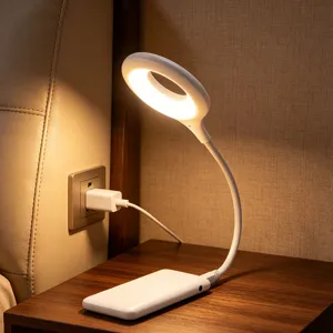 USB flexible LED desk lamp with ring head and bedside night light design for bedroom use.