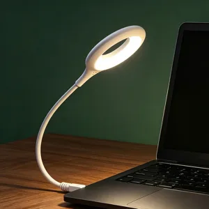 USB LED desk lamp with flexible gooseneck, ring light head, bedside reading night light.