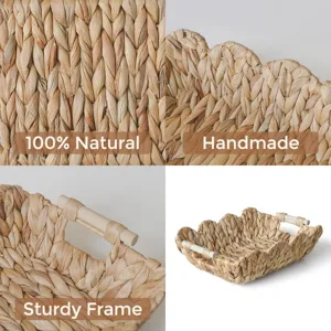 Natürlicher Wasserhyazinthe Korb geflochten mit Holzgriffen und wellenförmigem Rand.