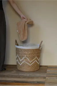 Panier à linge en jonc de mer tissé main avec doublure en tissu et poignées pour rangement jouets