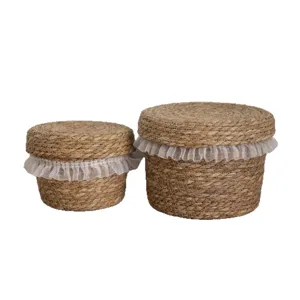Geweven opbergmand met deksel en kantruffel ronde desktop organizer set van twee stuks