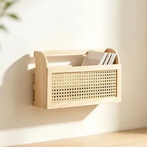 Portariviste da Parete in Legno Massiccio e Rattan Stile Nordico Legno Naturale Scatola per Libri Documenti Organizer Decorazione