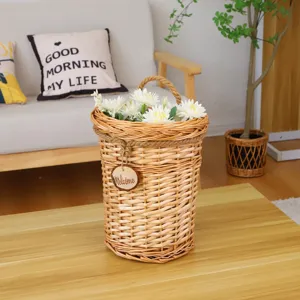 Pastoral Handcrafted Woven Willow Wall Hanging Basket With Hemp Rope Handle And Welcome Tag For Home Wall Decoration Storage