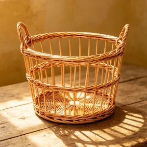 Gedetailleerd uitzicht op rieten opbergmand, natuurlijk rattan fruit en broodhouder.