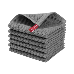 Set di strofinacci da cucina waffle grigi impilati, panno di pulizia in cotone.