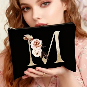 Trousse de Maquillage en Toile Noire Organisateur de Toilette de Voyage Portable Pochette à Fermeture Éclair Avec Motif Lettre et Floral Sac Cosmétique Mode Pour Femmes