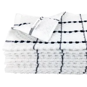 Dettaglio strofinaccio da cucina a nido d'ape bianco e nero, 100% cotone panno pulizia.