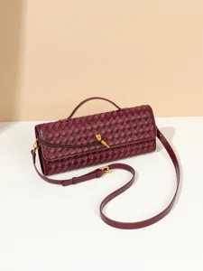 Gewebe Leder Umhaengetasche fuer Damen, elegante burgunderrote Handtasche chic.