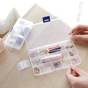 Clear plastic jewelry storage box with lid, portable multi-grid organizer for earrings.