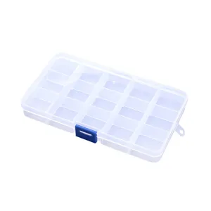 Transparent plastic storage box with lid, multi-compartment organizer for small jewelry items.