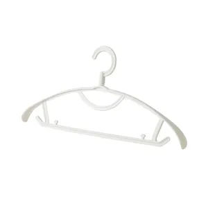 White plastic clothes hanger with wide shoulders, non-slip design for adult clothing storage.